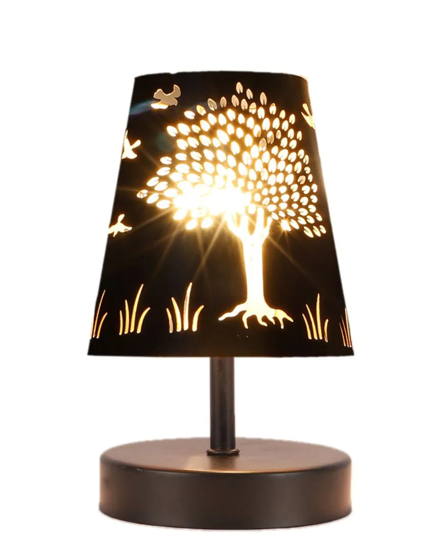 Tree Metal Etching Table Lamp With Black Wood Round Base