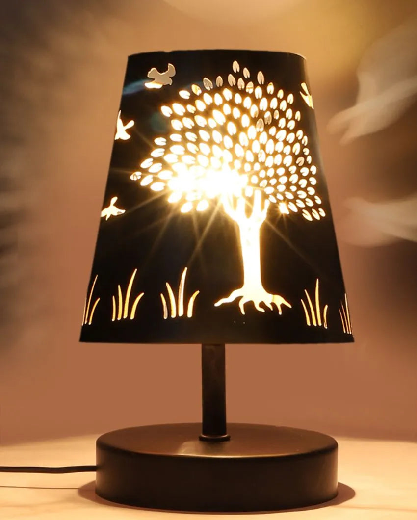 Tree Metal Etching Table Lamp With Black Wood Round Base