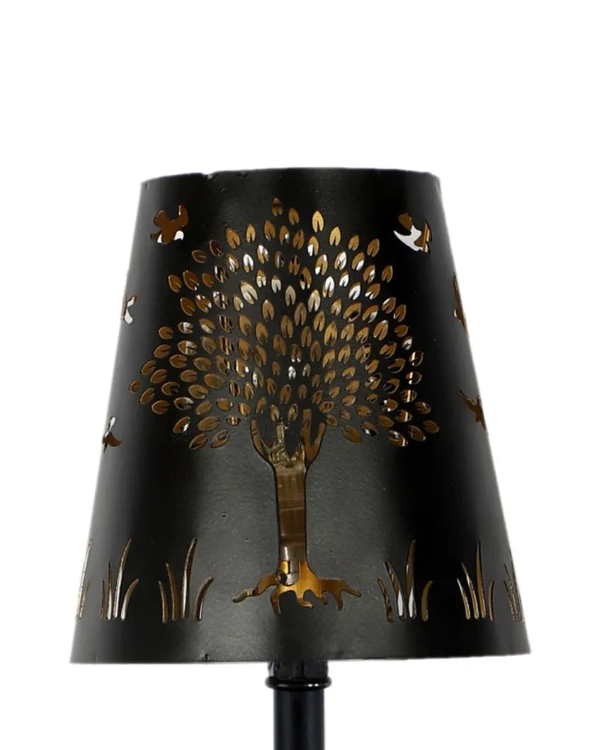 Tree Metal Etching Table Lamp With Black Wood Round Base