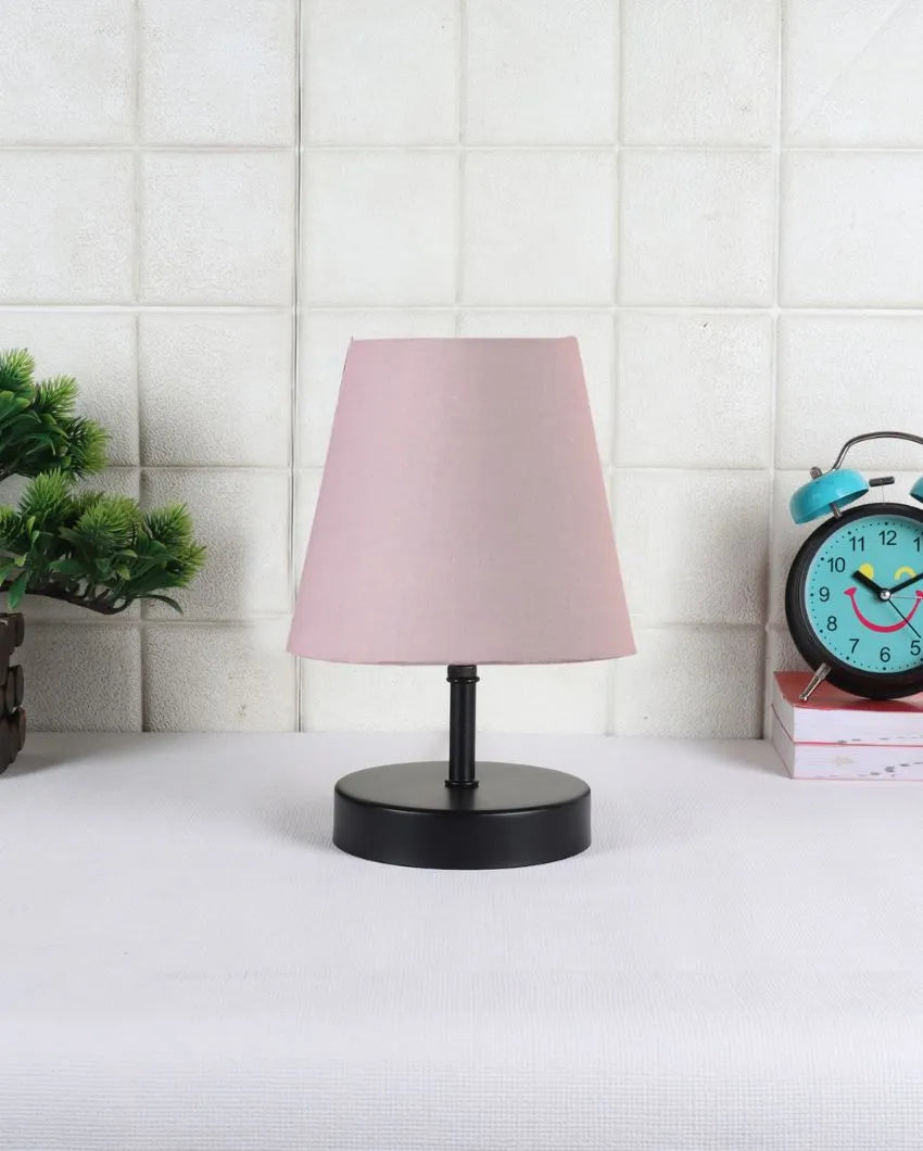 Cotton Round Wooden Black Base Table Lamp Grey