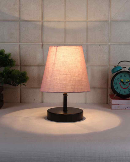 Cotton Round Wooden Black Base Table Lamp Grey