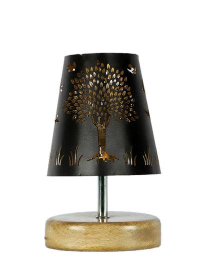 Tree Metal Etching Table Lamp With Natural Wood Round Base