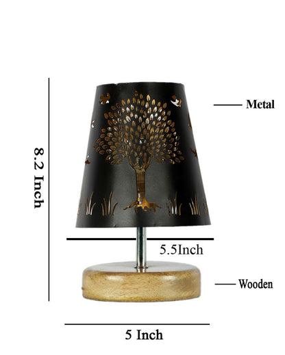 Tree Metal Etching Table Lamp With Natural Wood Round Base