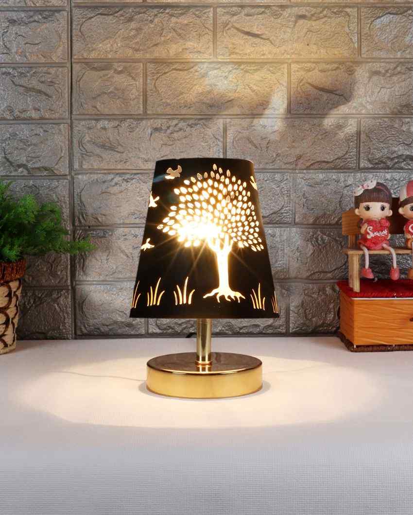 Tree Metal Etching Table Lamp With Metal Gold Round Base