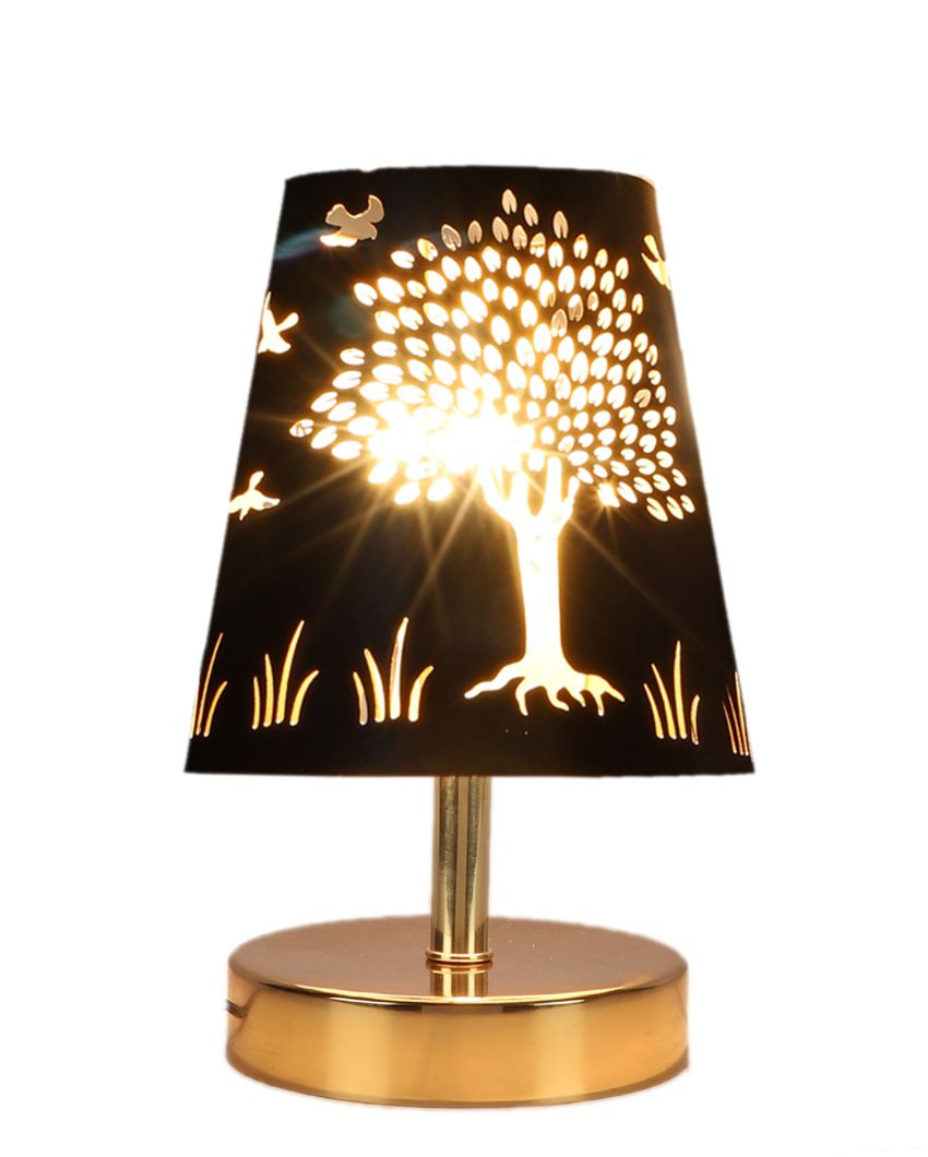 Tree Metal Etching Table Lamp With Metal Gold Round Base