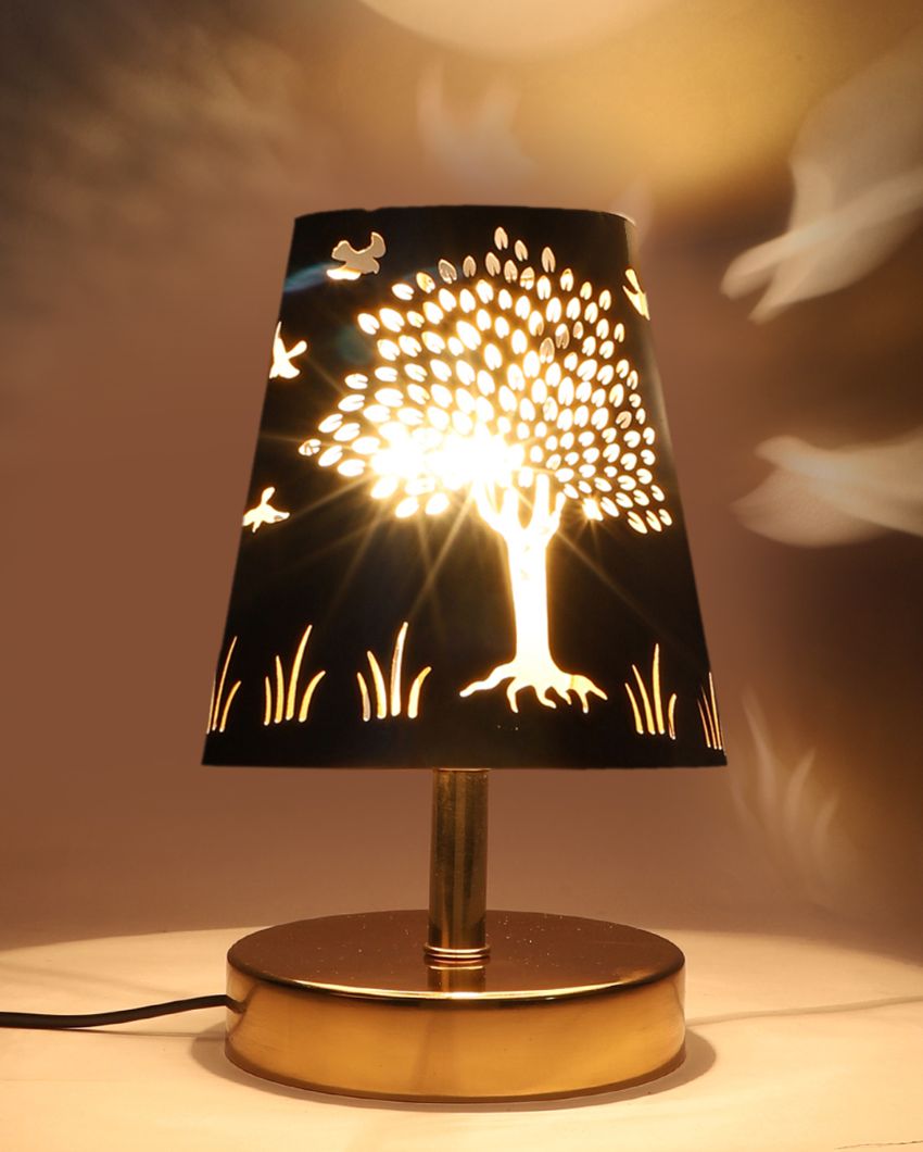 Tree Metal Etching Table Lamp With Metal Gold Round Base