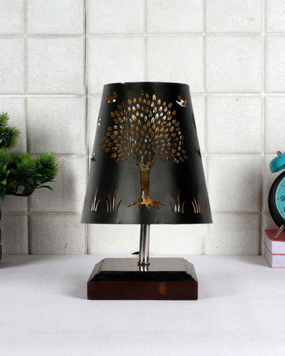 Tree Metal Etching Table Lamp With Brown Wood Square Base