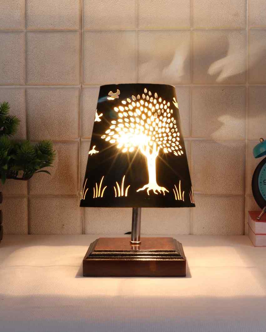 Tree Metal Etching Table Lamp With Brown Wood Square Base