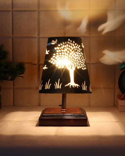 Tree Metal Etching Table Lamp With Brown Wood Square Base