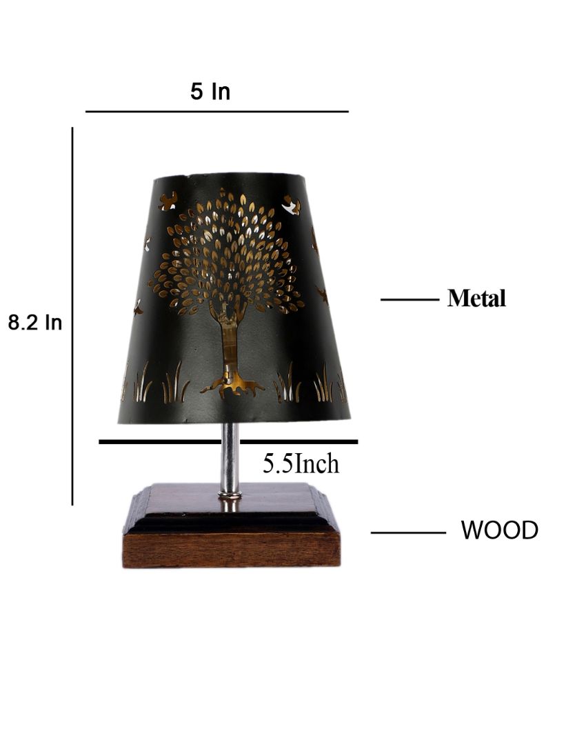 Tree Metal Etching Table Lamp With Brown Wood Square Base