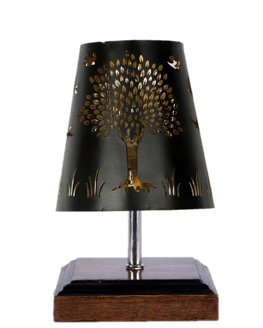 Tree Metal Etching Table Lamp With Brown Wood Square Base