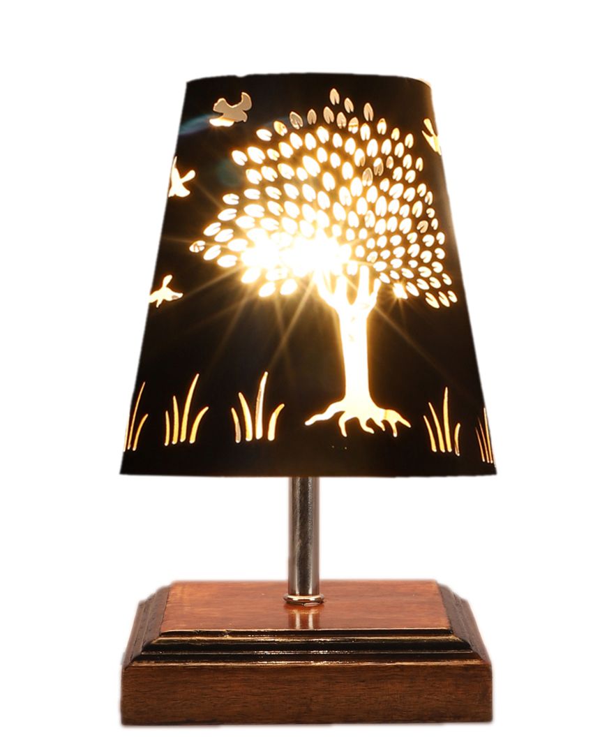 Tree Metal Etching Table Lamp With Brown Wood Square Base