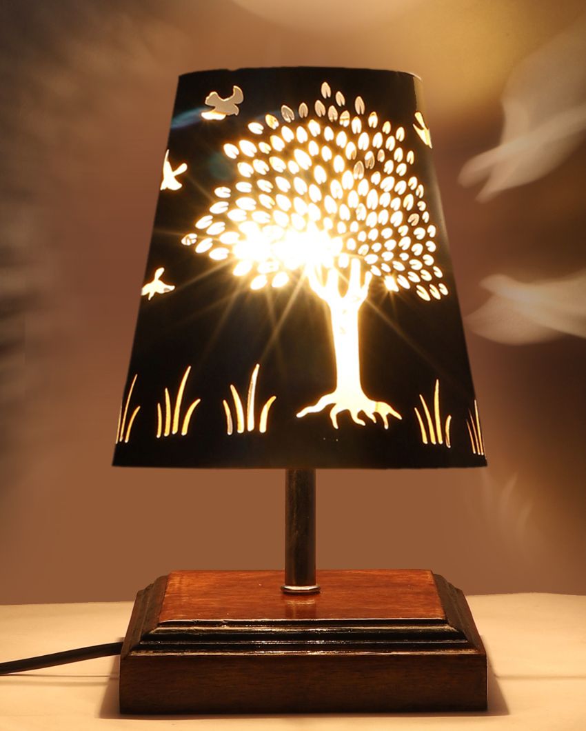 Tree Metal Etching Table Lamp With Brown Wood Square Base