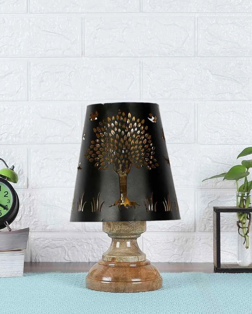 Tree Metal Etching Table Lamp With Natural Wood Round Base