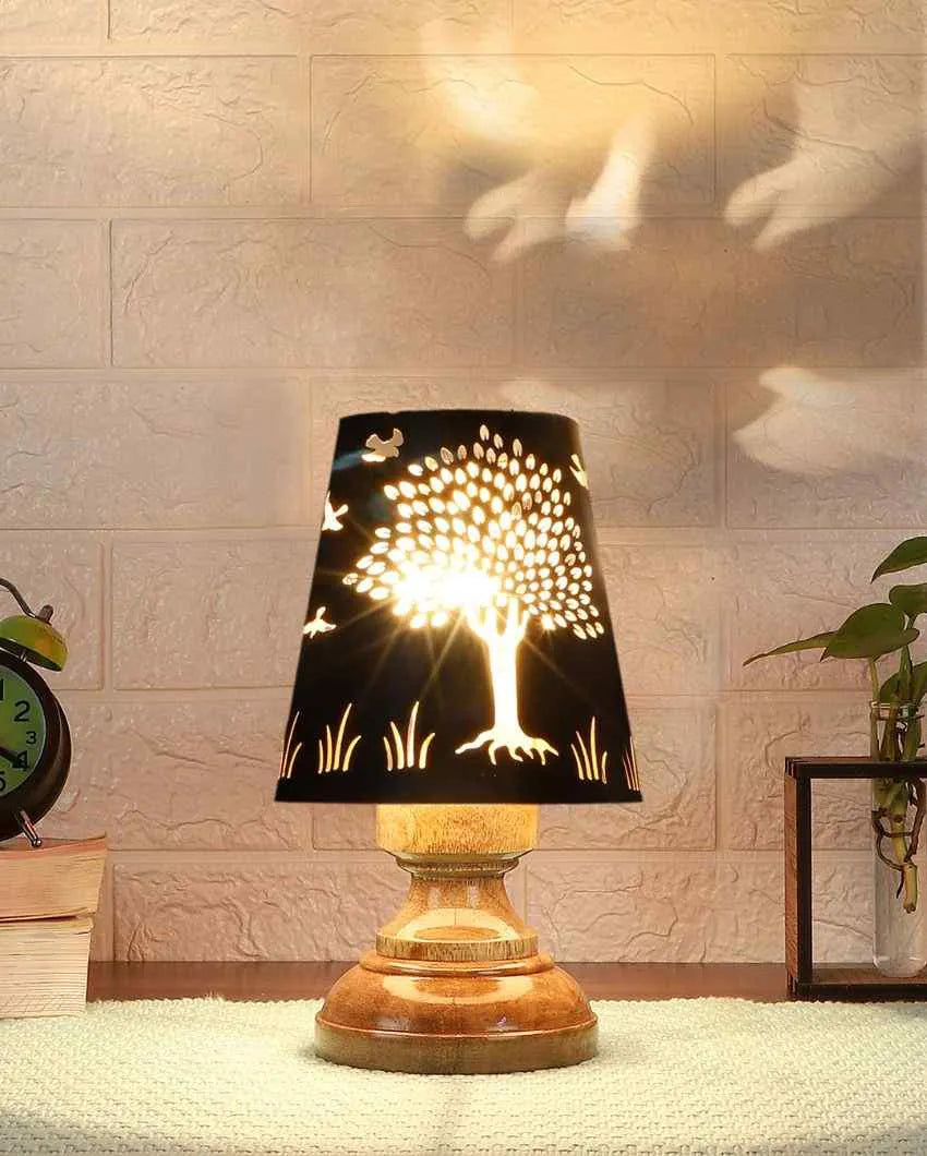 Tree Metal Etching Table Lamp With Natural Wood Round Base