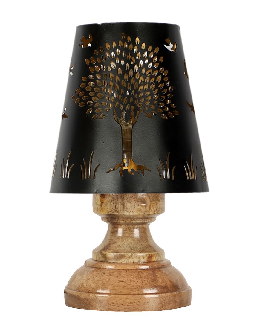 Tree Metal Etching Table Lamp With Natural Wood Round Base