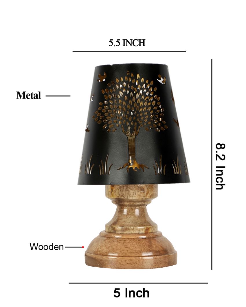 Tree Metal Etching Table Lamp With Natural Wood Round Base