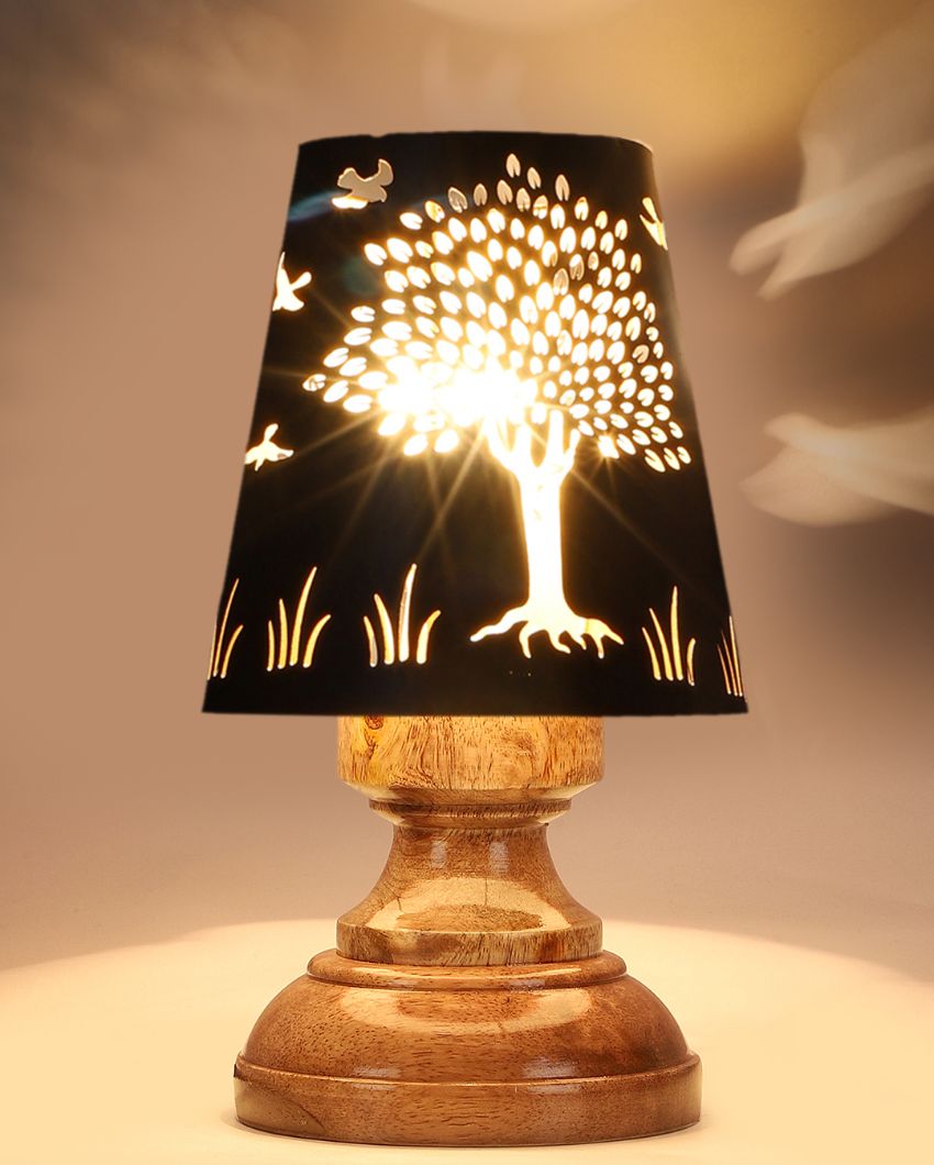 Tree Metal Etching Table Lamp With Natural Wood Round Base