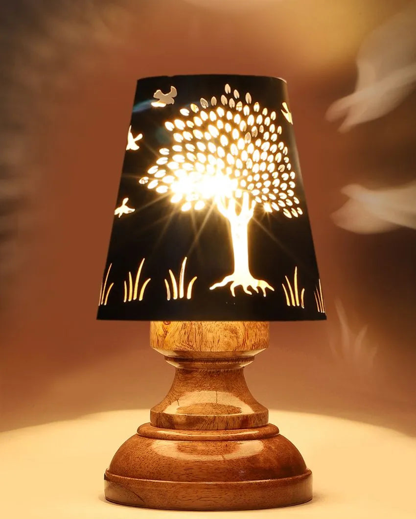 Tree Metal Etching Table Lamp With Natural Wood Round Base