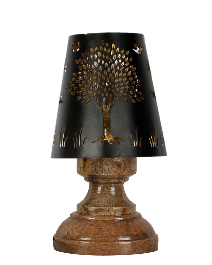 Tree Metal Etching Table Lamp With Natural Wood Round Base