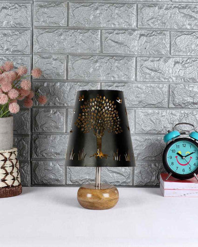 Tree Metal Etching Table Lamp With Natural Wood Round Base