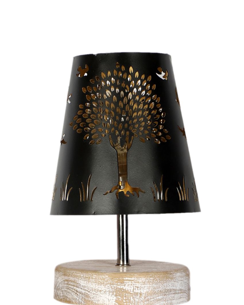Tree Metal Etching Table Lamp With White Brushed Wood Round Base