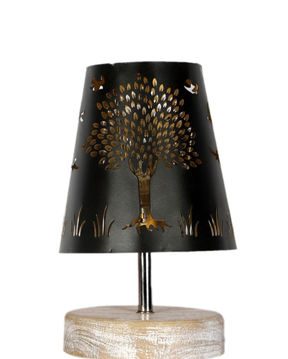 Tree Metal Etching Table Lamp With White Brushed Wood Round Base
