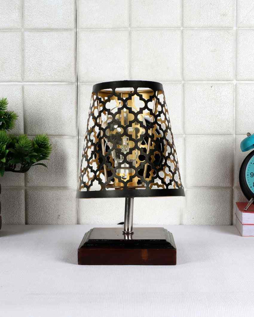 Net Metal Etching Table Lamp With Brown Wood Square Base