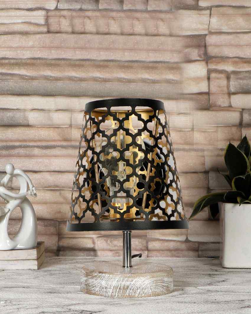 Net Metal Etching Table Lamp With White Brushed Wood Round Base