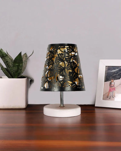 Metal Etching Table Lamp With White Wood Round Base