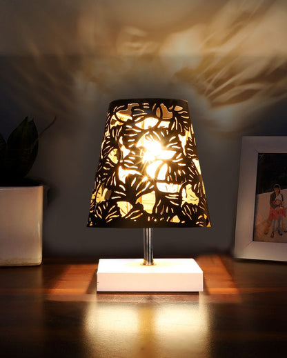 Metal Etching Table Lamp With White Wood Square Base