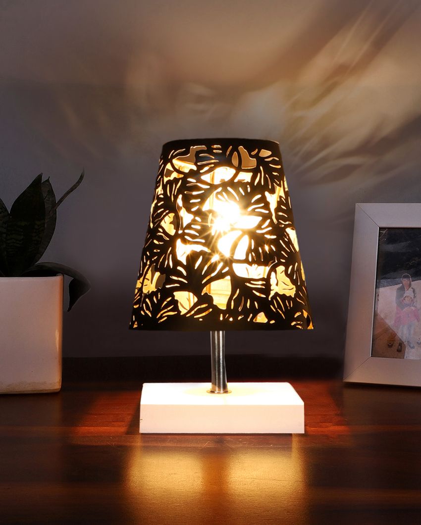 Metal Etching Table Lamp With White Wood Square Base