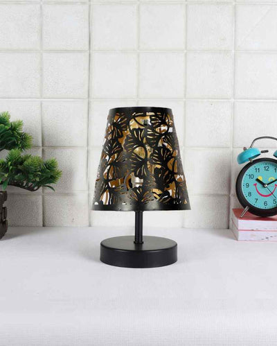 Metal Etching Table Lamp With Black Wood Round Base