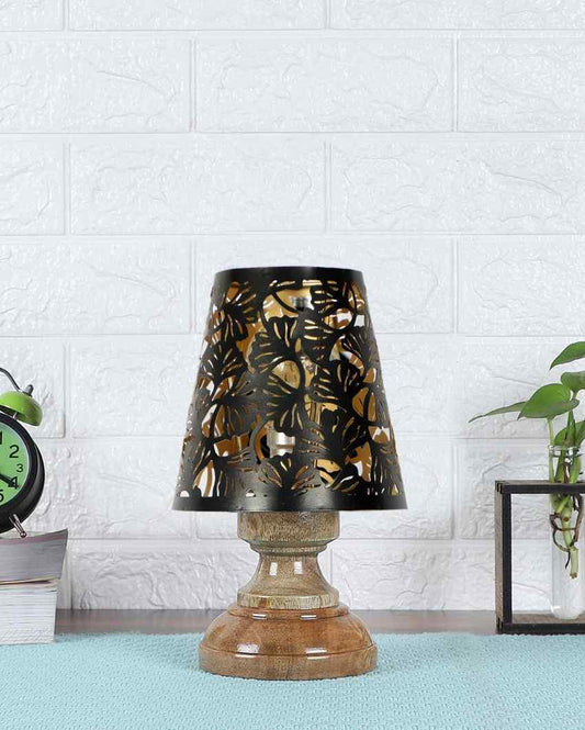 Metal Etching Table Lamp With Natural Wood Round Base