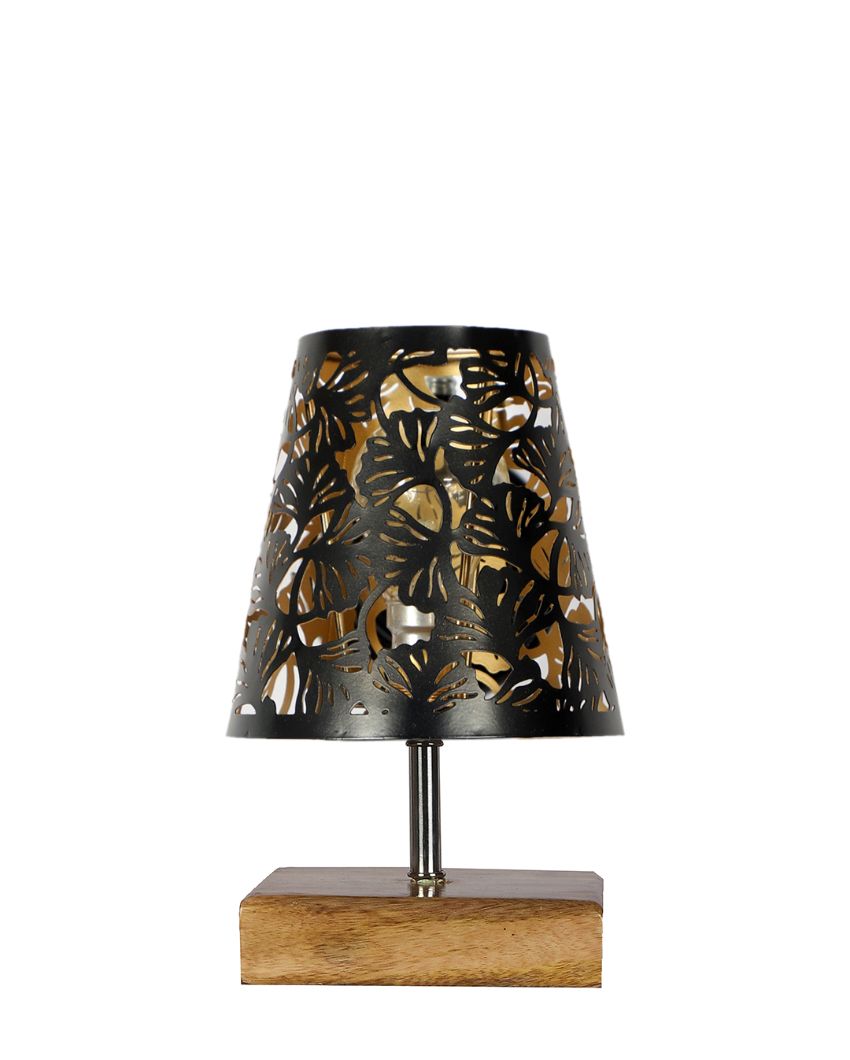 Metal Etching Table Lamp With Natural Wood Square Base