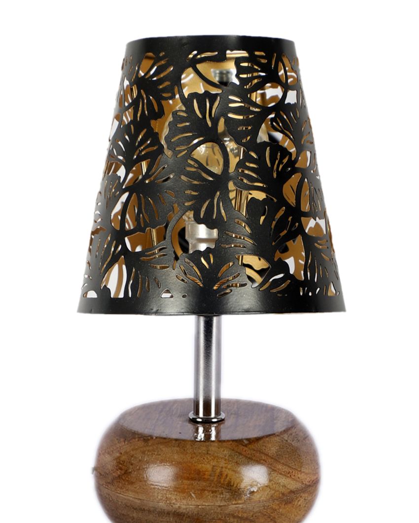 Metal Etching Table Lamp With Natural Wood Round Base