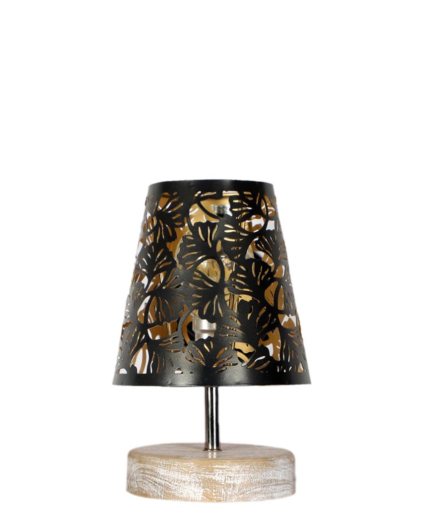 Metal Etching Table Lamp With White Brushed Wood Round Base