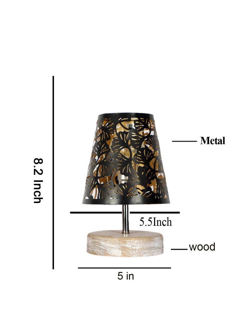 Metal Etching Table Lamp With White Brushed Wood Round Base