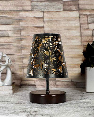 Metal Etching Table Lamp With Brown Wood Round Base