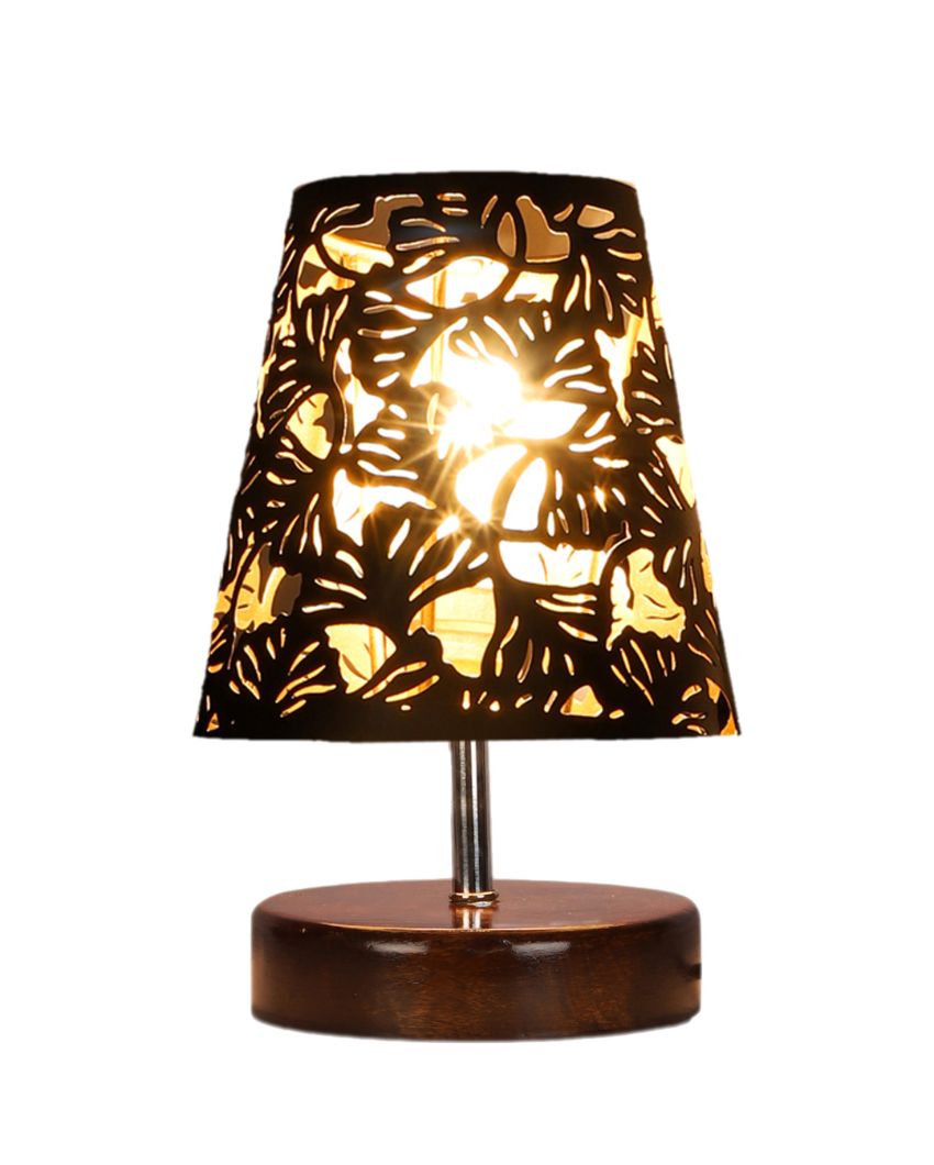 Metal Etching Table Lamp With Brown Wood Round Base