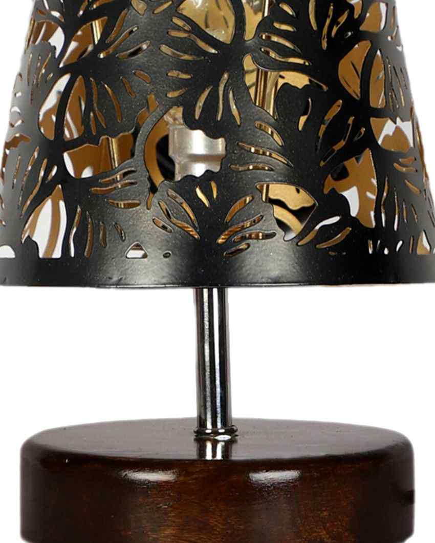 Metal Etching Table Lamp With Brown Wood Round Base