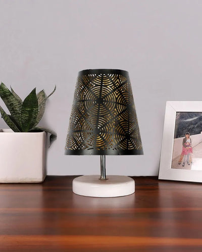 Round Metal Etching Table Lamp With White Wood Round Base