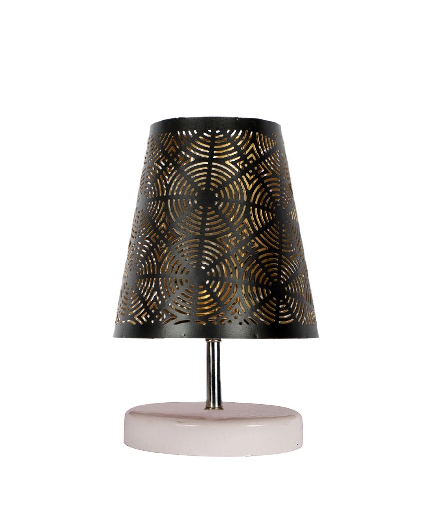Round Metal Etching Table Lamp With White Wood Round Base