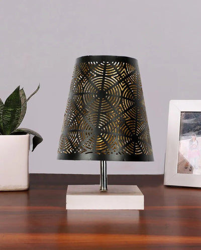 Round Metal Etching Table Lamp With White Wood Square Base