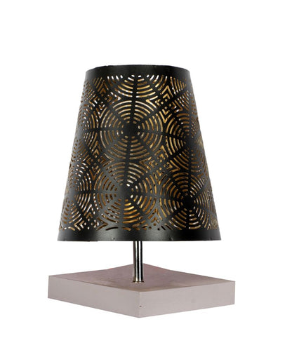 Round Metal Etching Table Lamp With White Wood Square Base