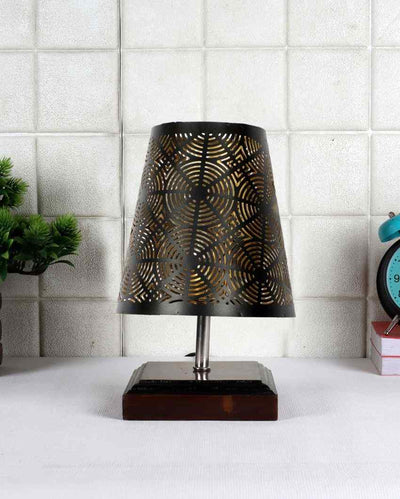 Round Metal Etching Table Lamp With Brown Wood Square Base