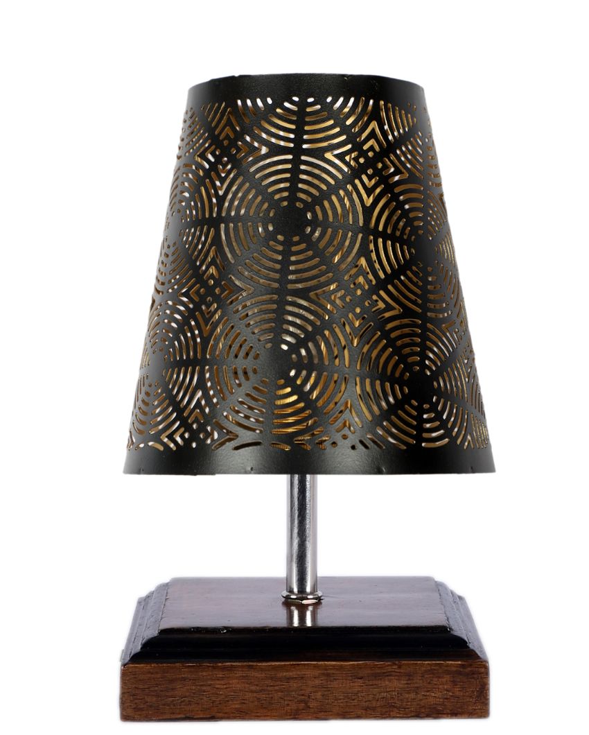 Round Metal Etching Table Lamp With Brown Wood Square Base