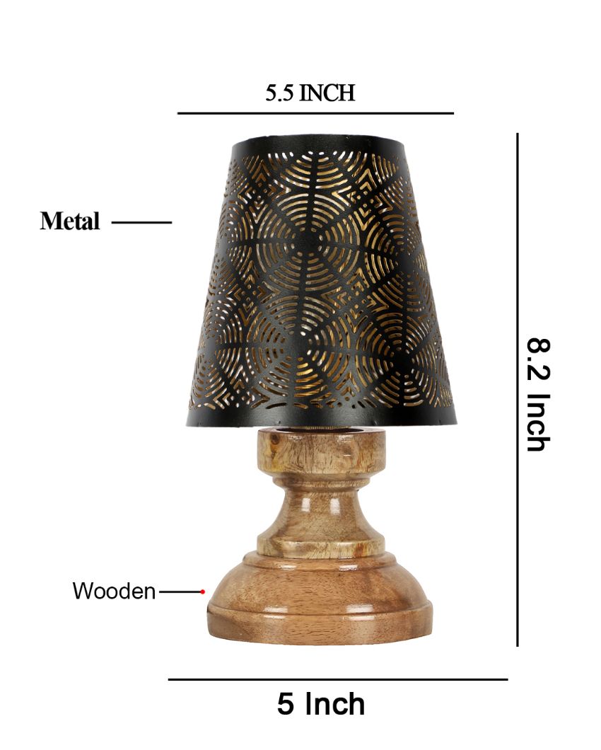 Round Metal Etching Table Lamp With Natural Wood Round Base