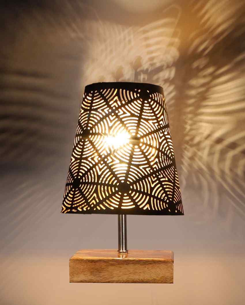 Round Metal Etching Table Lamp With Natural Wood Square Base
