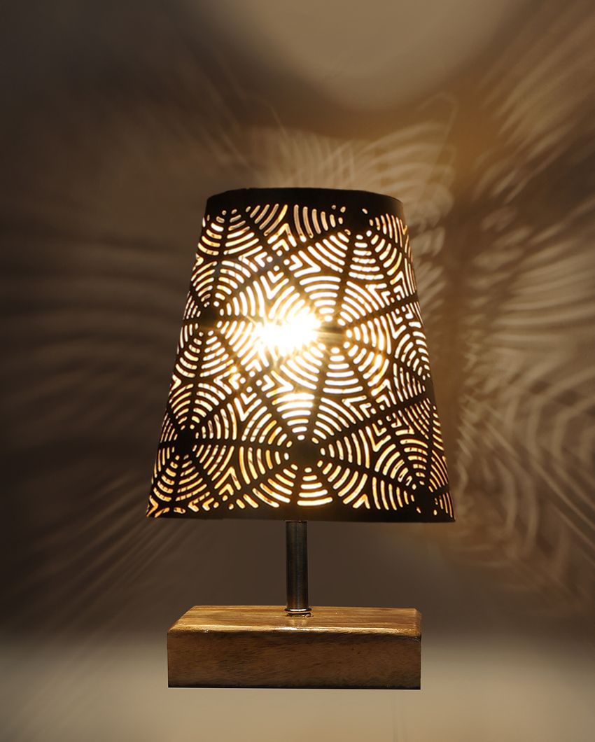 Round Metal Etching Table Lamp With Natural Wood Square Base